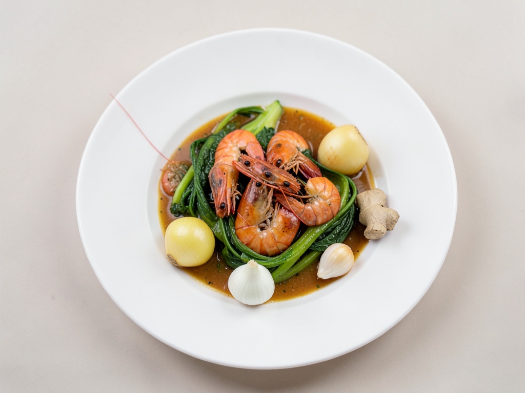 Pentola di riso con pak choi e gamberi
