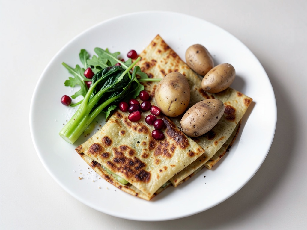 Tortilla di Pak-Choi e insalata di erbe con semi di melograno