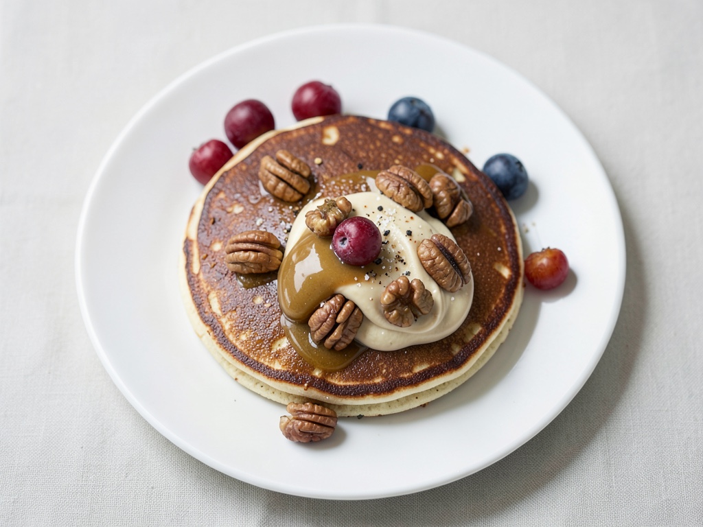Pancakes - amerikanische Pfannkuchen mit karamellisierten Walnüssen und Espresso-Creme