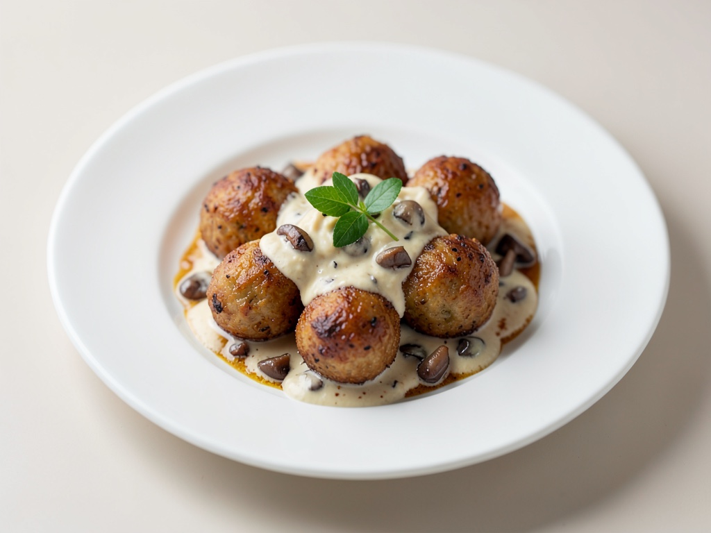 Polpette mini croccanti con crema di porcini e champignon