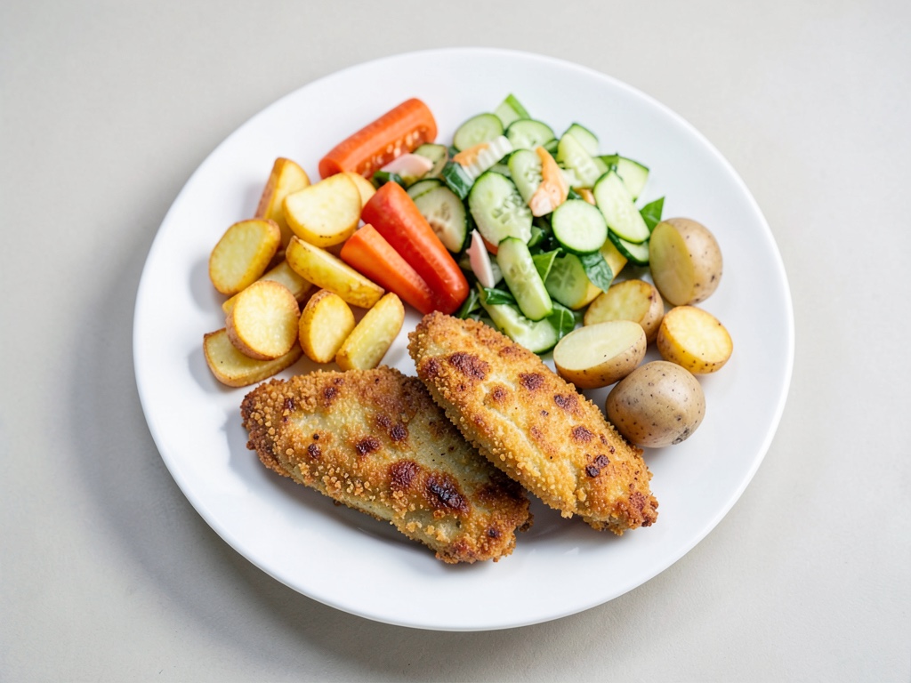 Schnitzel im Paniermehl mit bunte Patatine e insalata di cetrioli