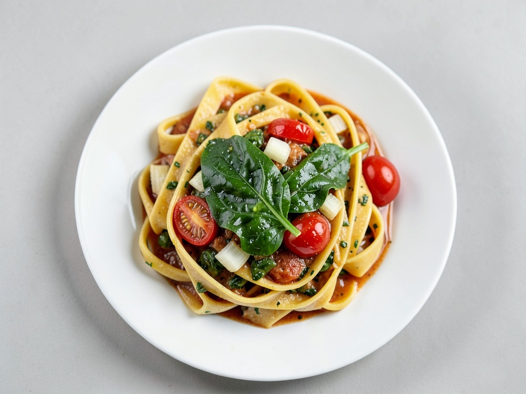 Pappardelle in salsa al pomodoro e panna con spinaci