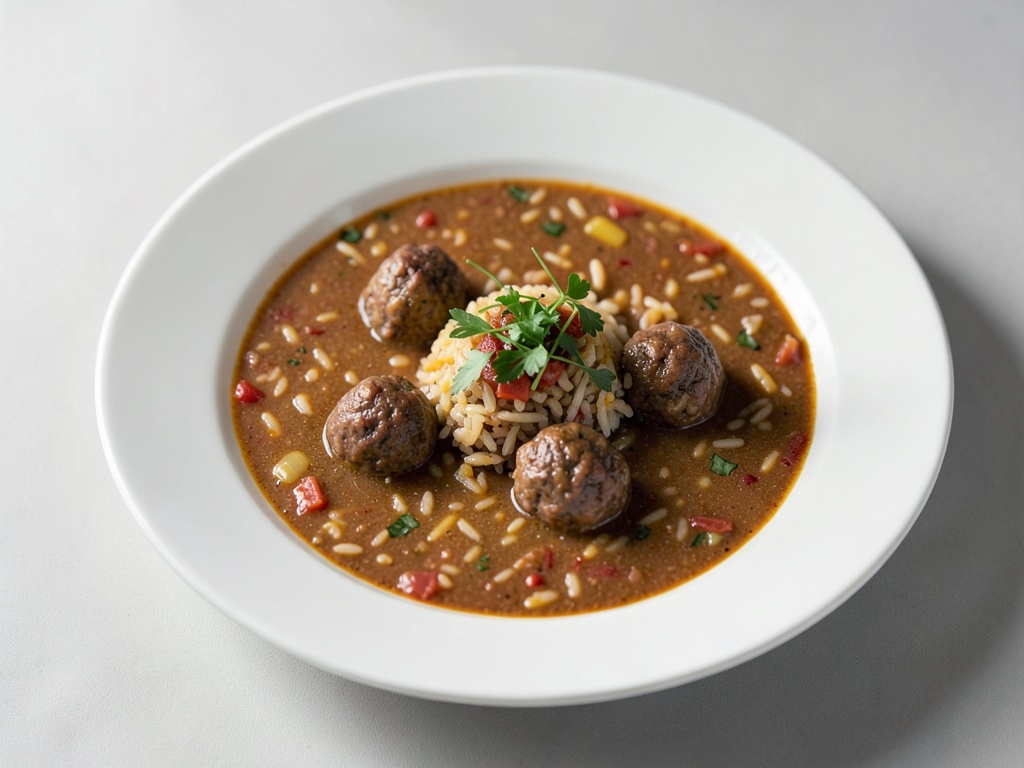 Sopa de arroz con pimientos y albóndigas