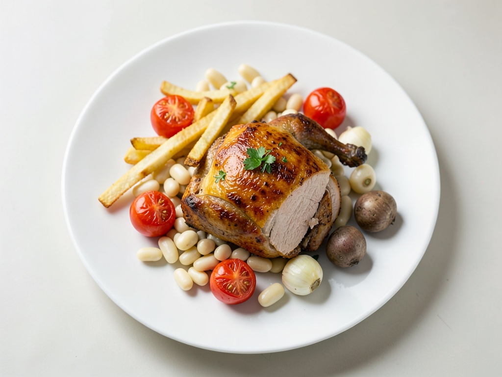 Pollo croccante con fagioli e patatine fritte all'aglio