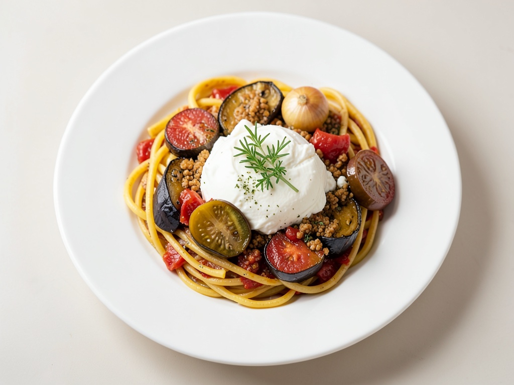 Penne alla Norma mit gebackener Frischkäse-Kugel und Tomaten