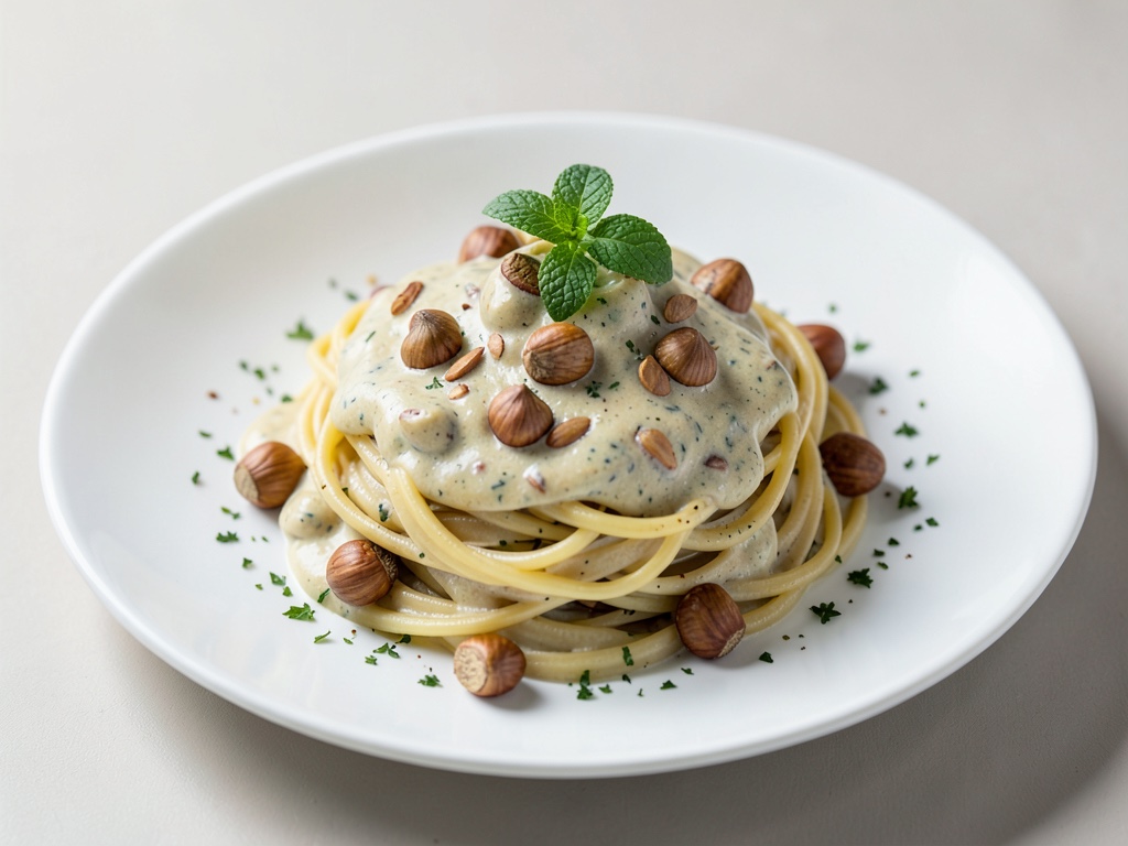Vegane Nudeln mit cremiger Reibegenuss-Sauce und knusprigen Haselnüssen