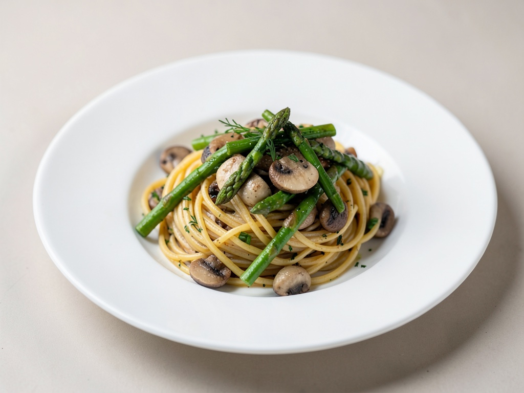 Spaghetti mit grünem Spargel und Champignons