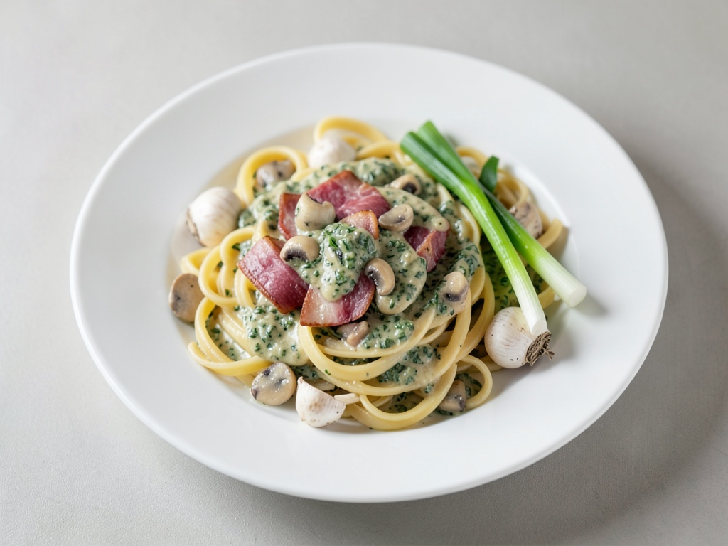 Nudeln mit Schinken in cremiger Champignon-Spinat-Soße