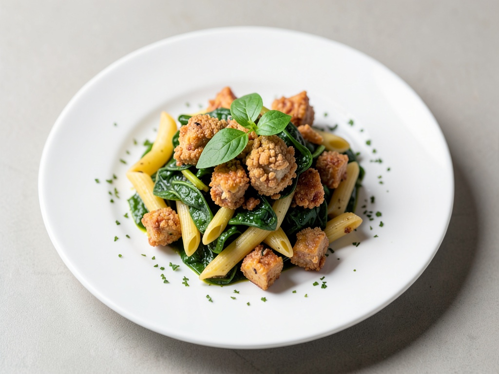 Fusilli mit Spinat und knusprigen veganen Hähnchen-Alternativen