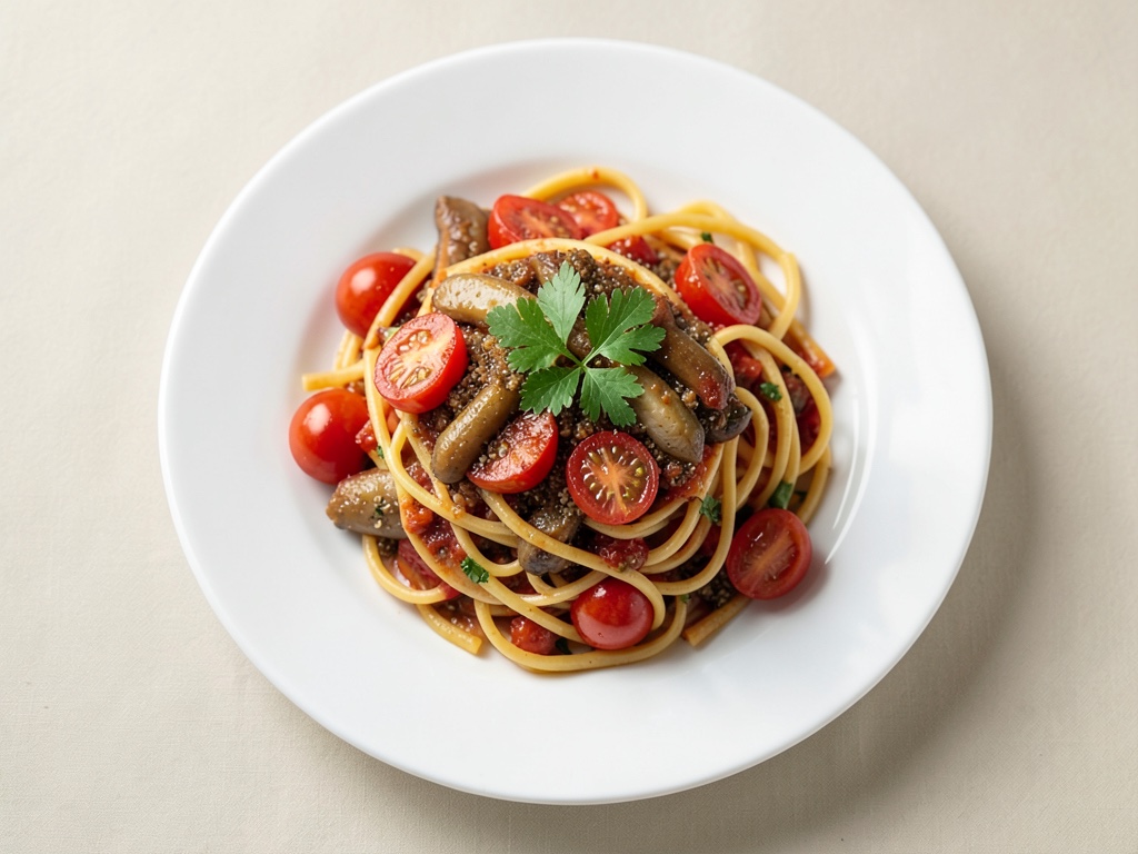Fusilli mit Tomaten, Zuckerschoten und Pesto