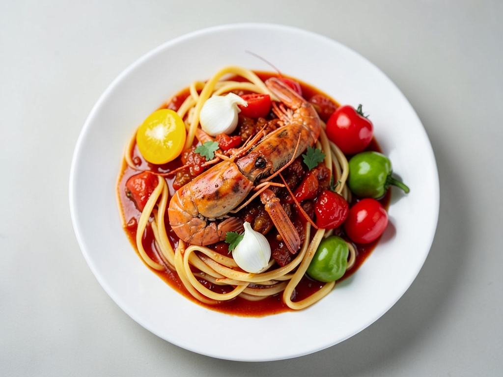 Pasta und Garnelen in Paprika-Tomatensauce