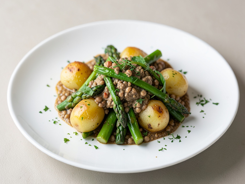 Pommes de terre avec salade d'asperges vertes et trempette aux lentilles