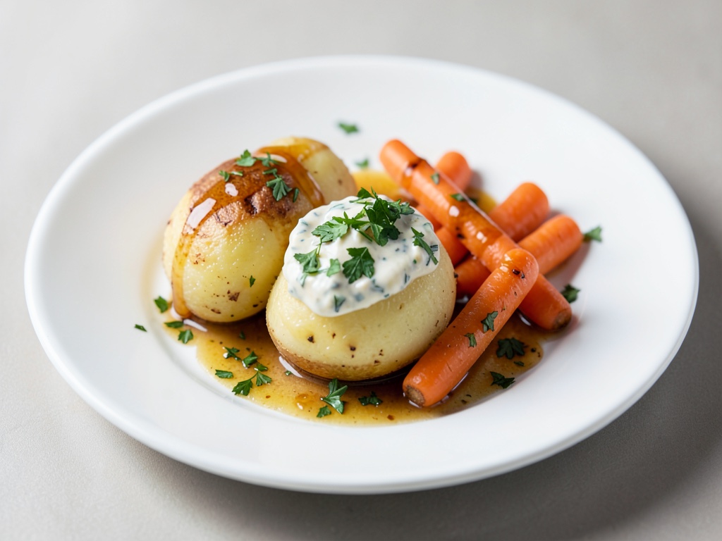 Patate al vapore con fresco dip alle erbe e carote al miele