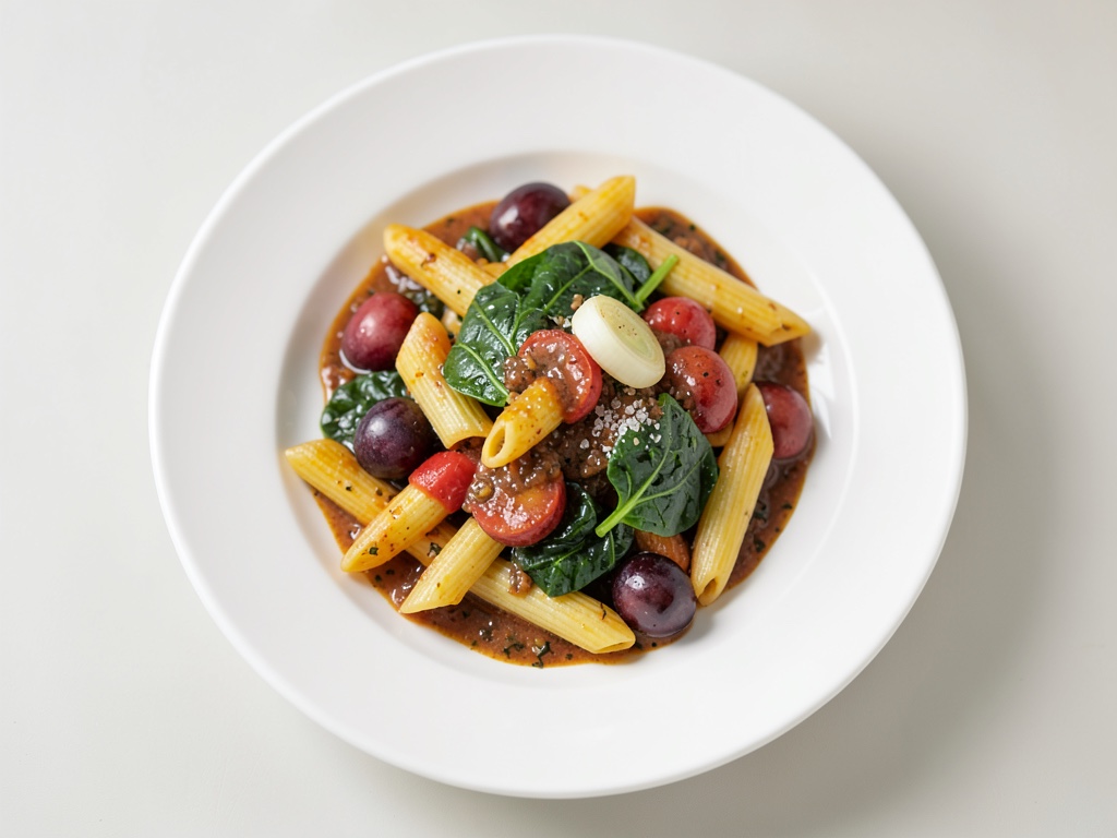 Penne in salsa agli spinaci con prugne