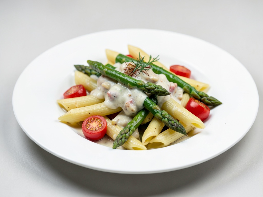 Penne aux asperges vertes et tomates cerises en sauce au vin blanc