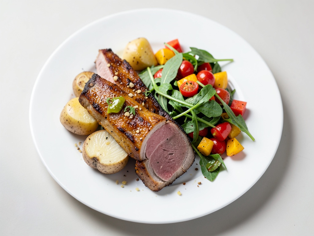 Cotolette di peperoncino con insalata di patate arrosto mediterranea e rucola