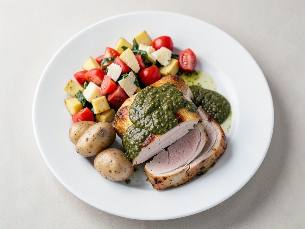 Pollo al pesto con insalata di patate arrosto al pomodoro e parmigiano