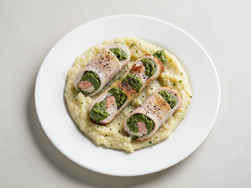 Pesto-Puten-Rouladen als Involtini mit Weißkohlgemüse und Kartoffelpüree