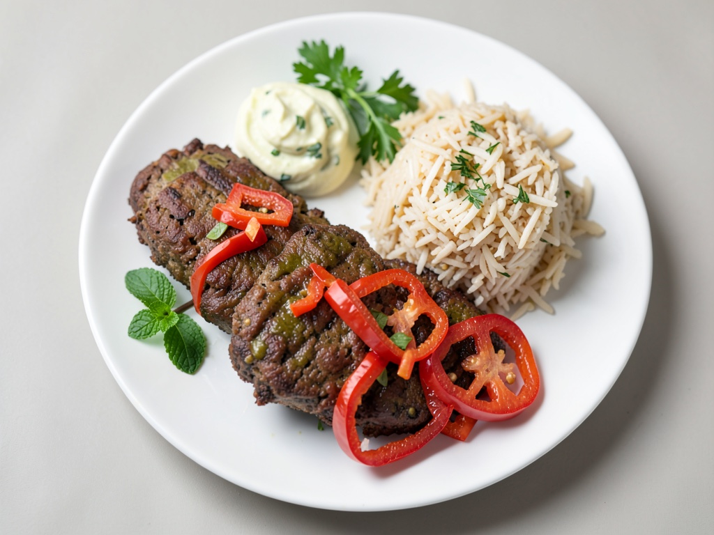 Polpettine di prezzemolo e menta con striscioline di peperone stufate, dip allo yogurt e lime e riso basmati