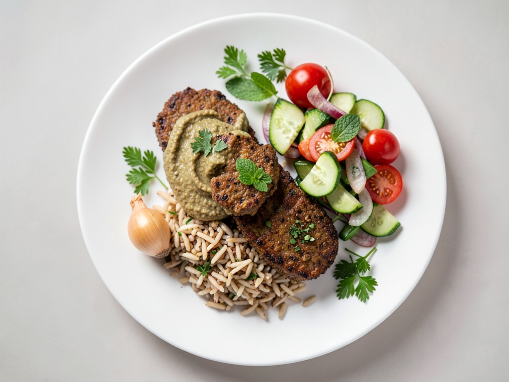 Köfte aux herbes avec houmous, riz et salade fraîche de concombre et tomates