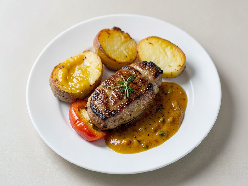 Hähnchen-Schaschlik aus der Pfanne mit Ofenkartoffeln und scharfer Paprikasalsa