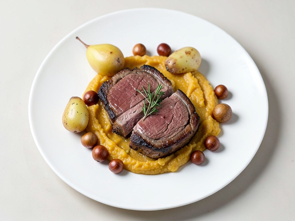 Bistec di pepe succoso con crema cremosa di sedano e pera e noci croccanti