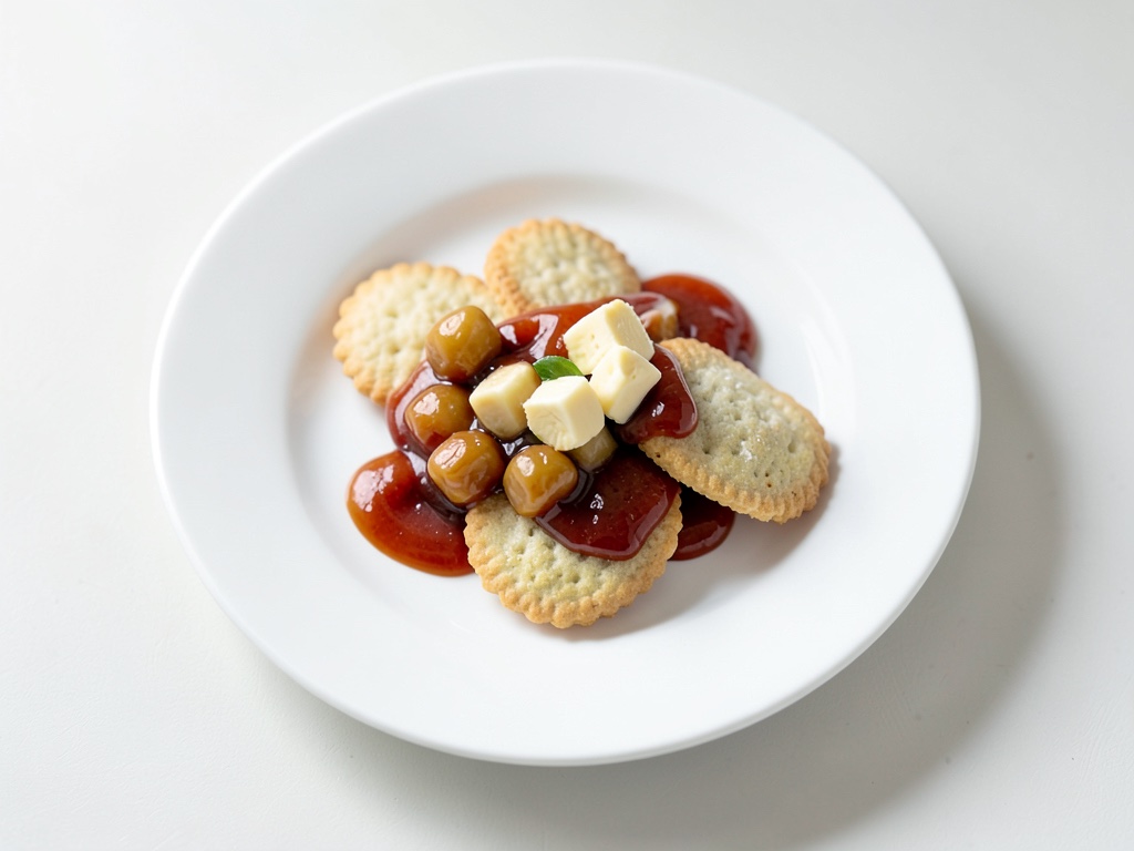 Pfirsich-Karamell-Quark-Dessert mit knusprigen Waffelchips
