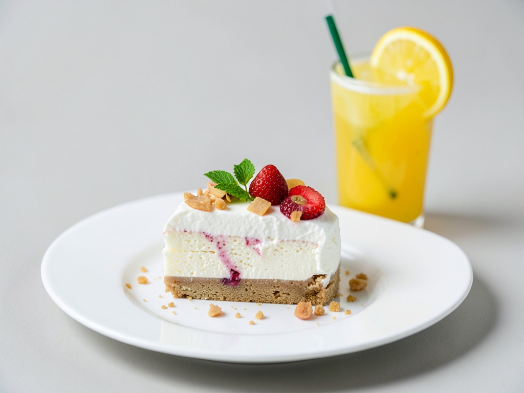 Torta alla pesca e panna con drink agli agrumi