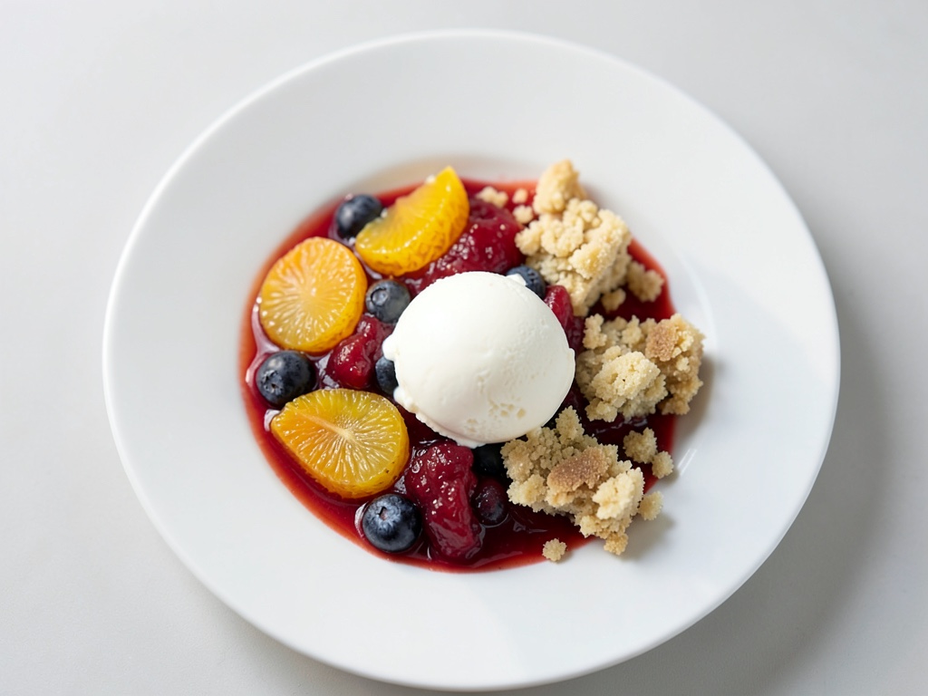 Pflaumen-Orangen-Kompott mit Vanilleeis und Keks-Crumble