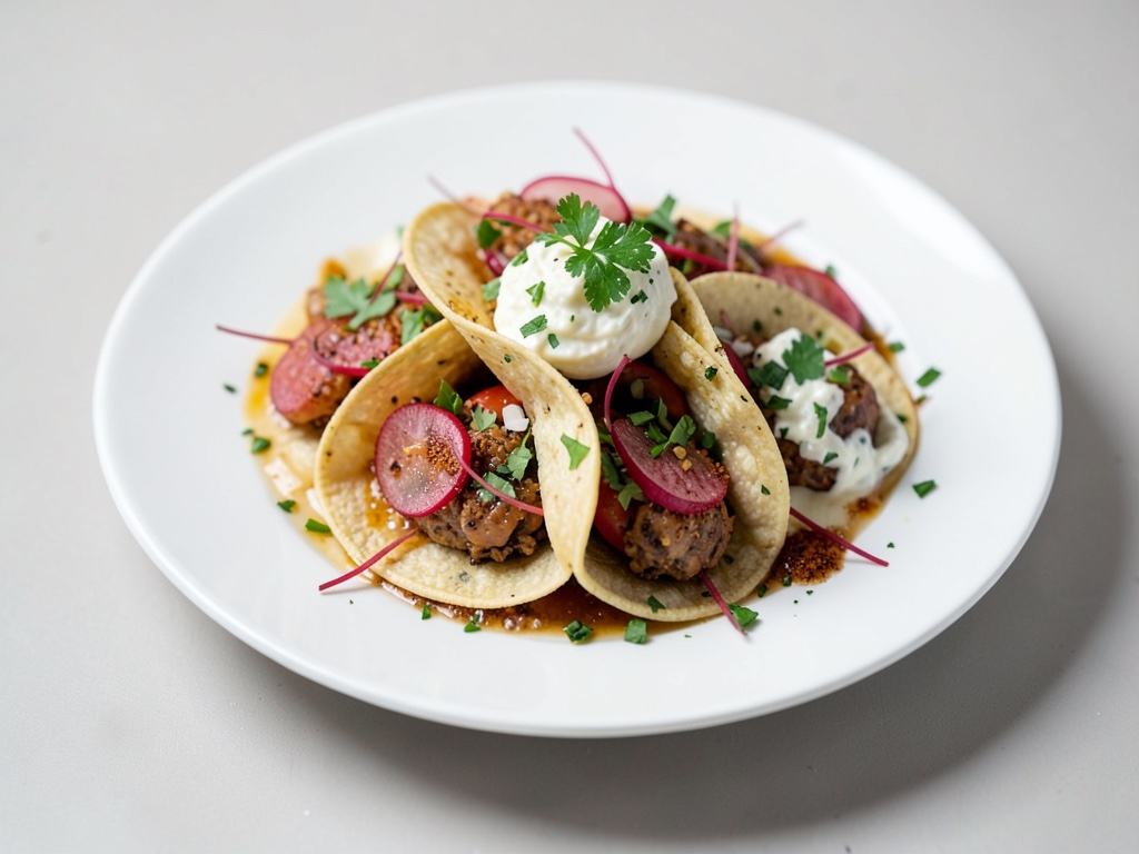 Tacos frescos para picnic con rábanos crujientes y yogur de mango