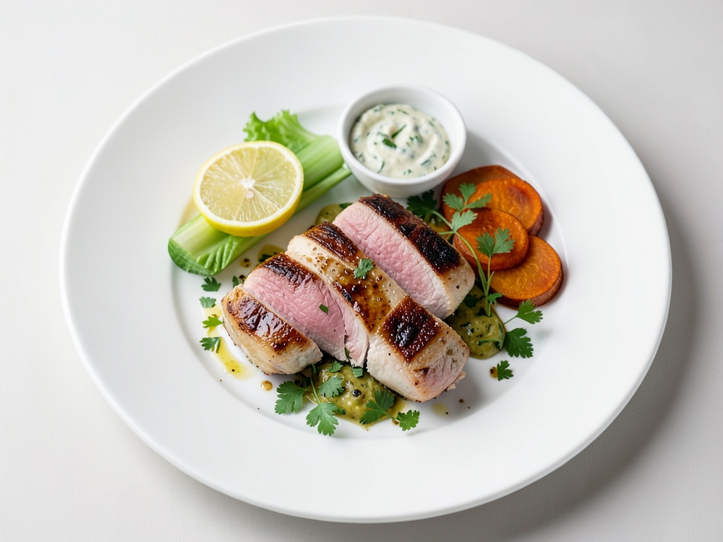Petto di pollo speziato con cavolo rapa marinato, fette di patata dolce fritte e salsa al coriandolo