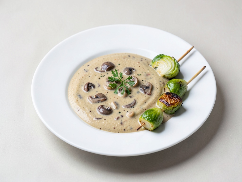 Sopa cremosa de champiñones con brochetas crujientes de col rizada