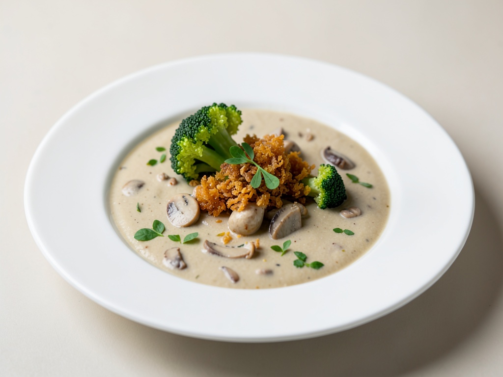 Sopa cremosa de champiñones con brócoli crujiente