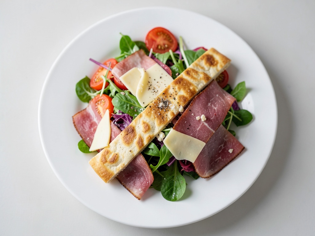Insalata di funghi con base di crespelle al formaggio e prosciutto