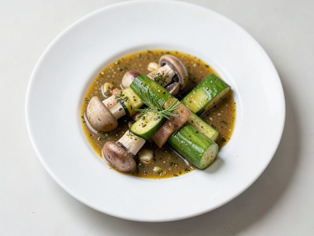 Spiedini di aglio e rosmarino con funghi e zucchine