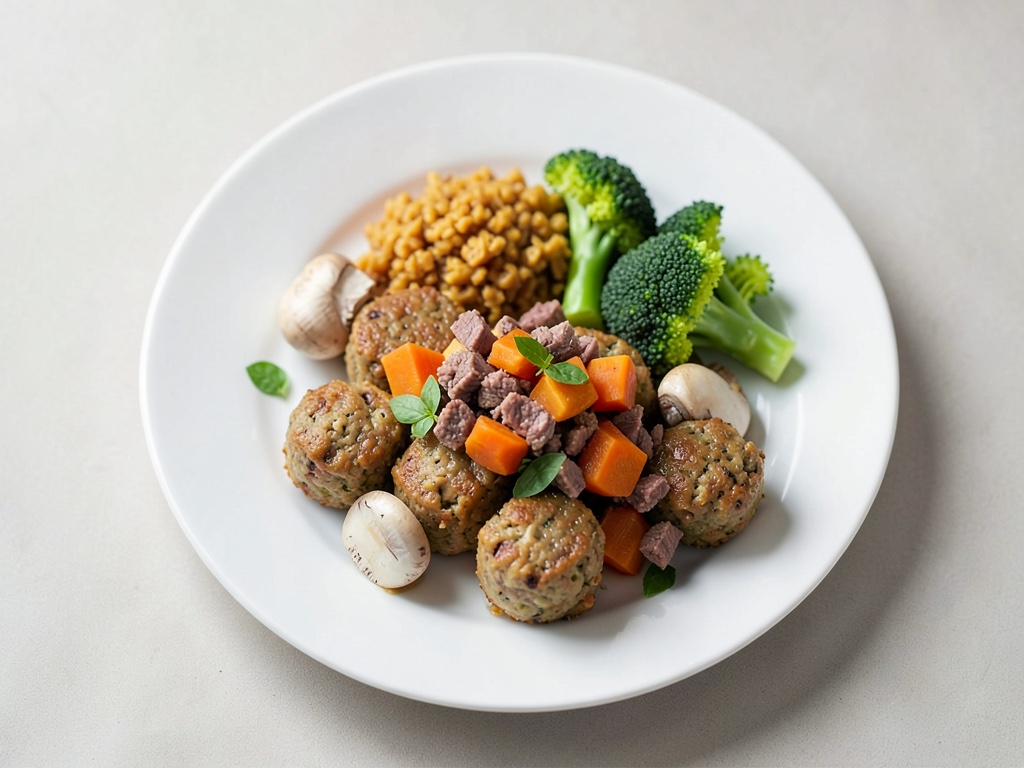 Polpette di funghi con purè di patata dolce e zenzero e broccoli arrostiti