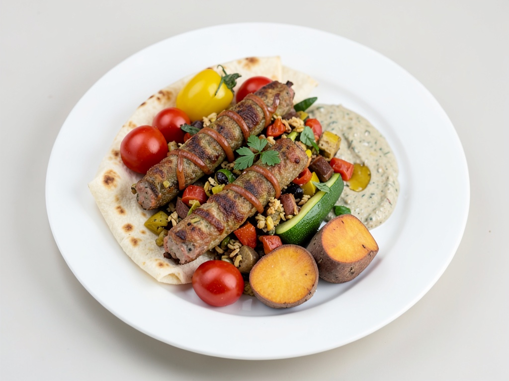 Gousses de pita farcies de viande de gyros, légumes rôtis et trempette miel-moutarde