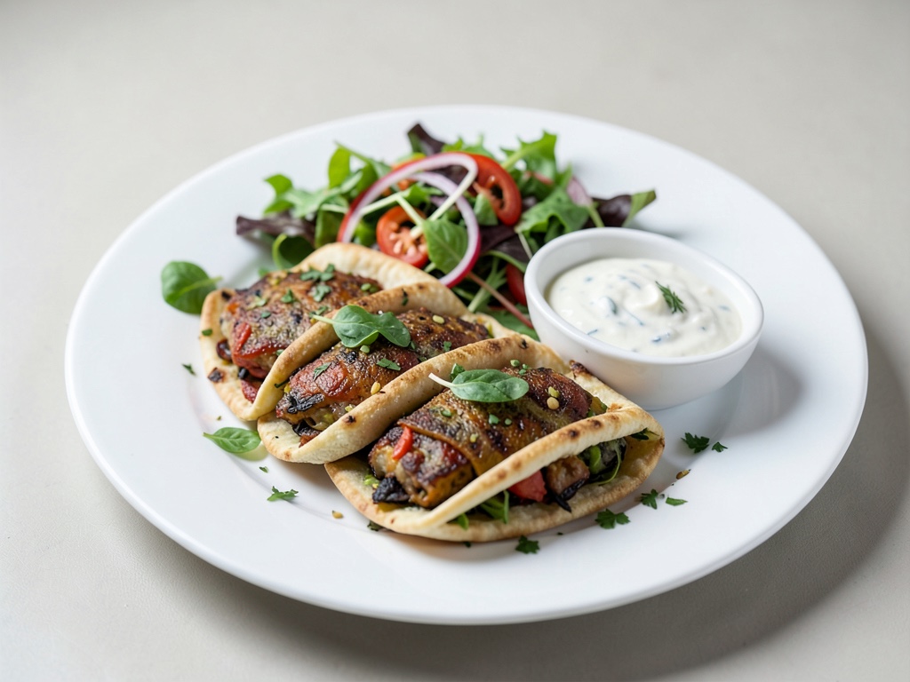 Vegane Gyros-Pitas mit frischem Salat und Joghurt-Dip