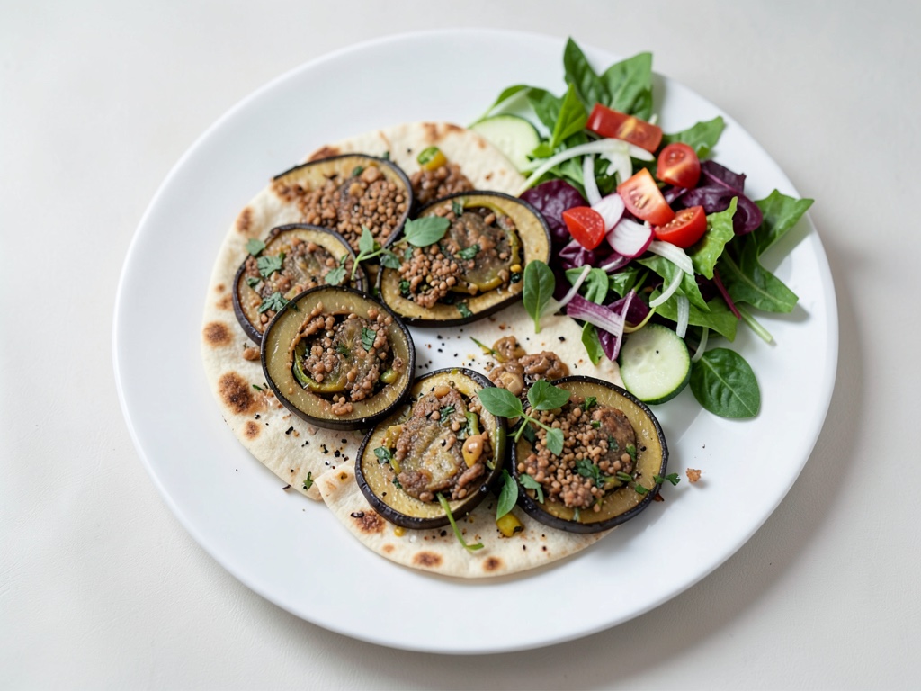 Pitas aux gyros végétariens à l'aubergine, tzatziki et salade balkanique