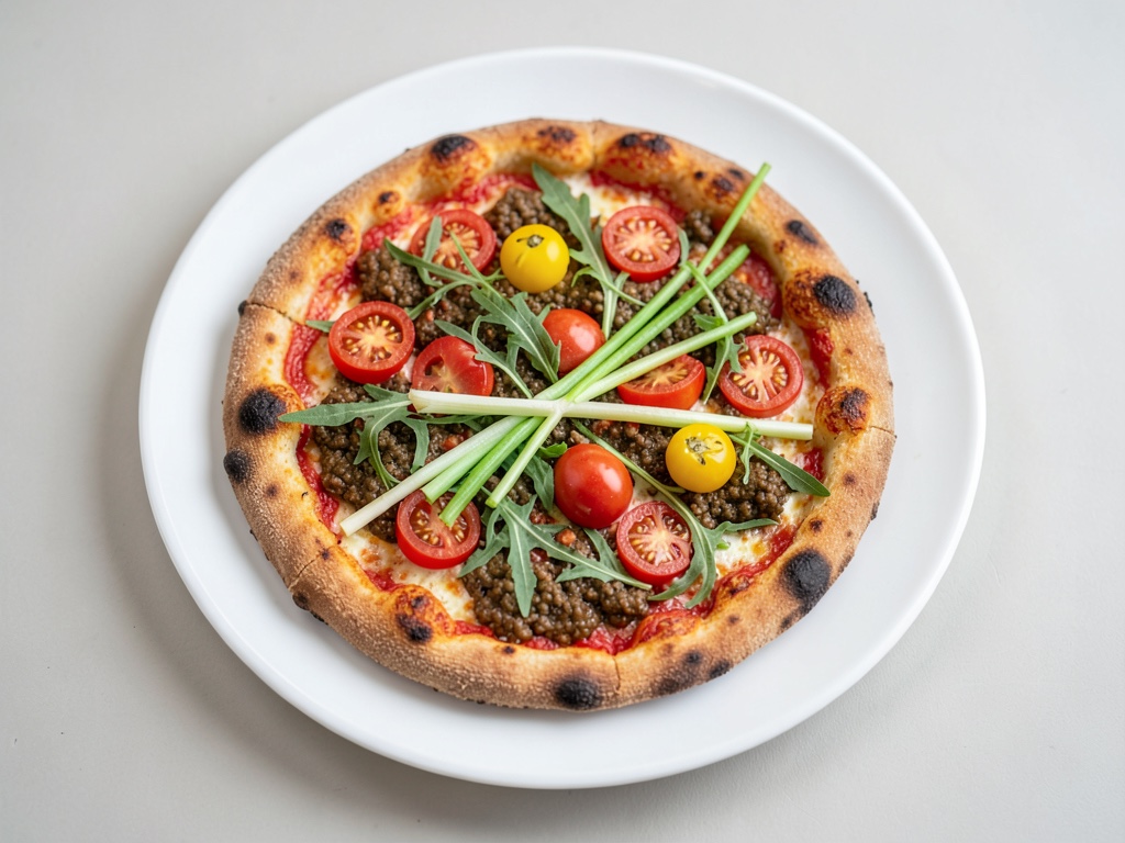 Pizza croccante all'ajvar con pomodori freschi e rucola