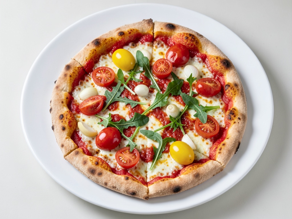 Pizza con salsa di peperoni fruttata, pomodori, netarine e insalata di rucola