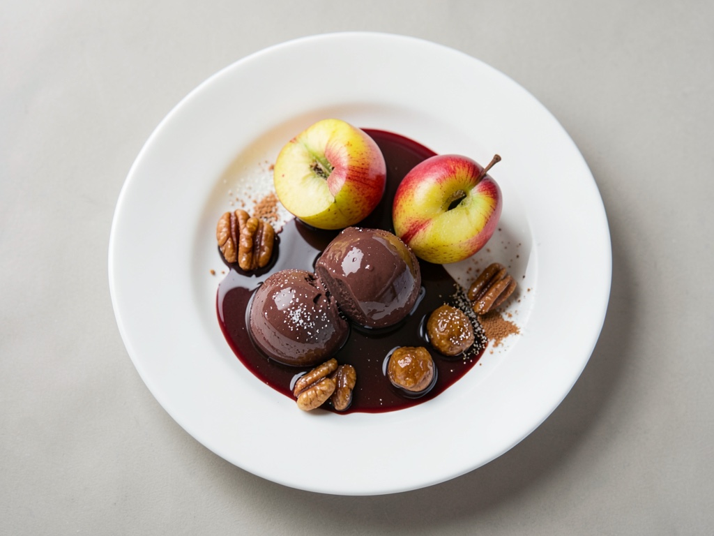 Rotwein-Birnen mit Schoko-Eis und knusprigen Mandeln