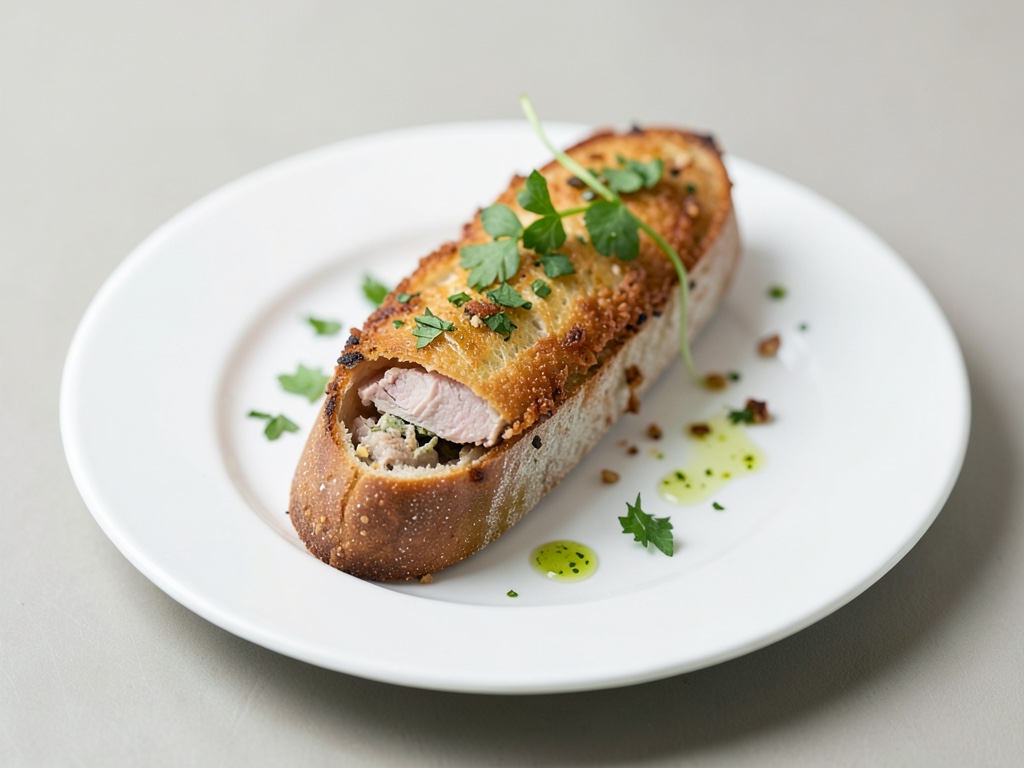 Baguette croccante con porchetta e fresco dip alle erbe