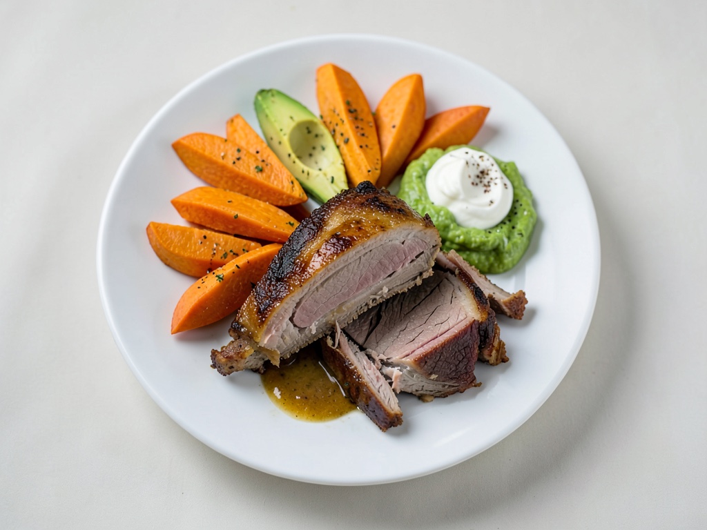 Maiale sfilacciato tenero con pezzi croccanti di patata dolce, avocado fresco e panna alle erbe