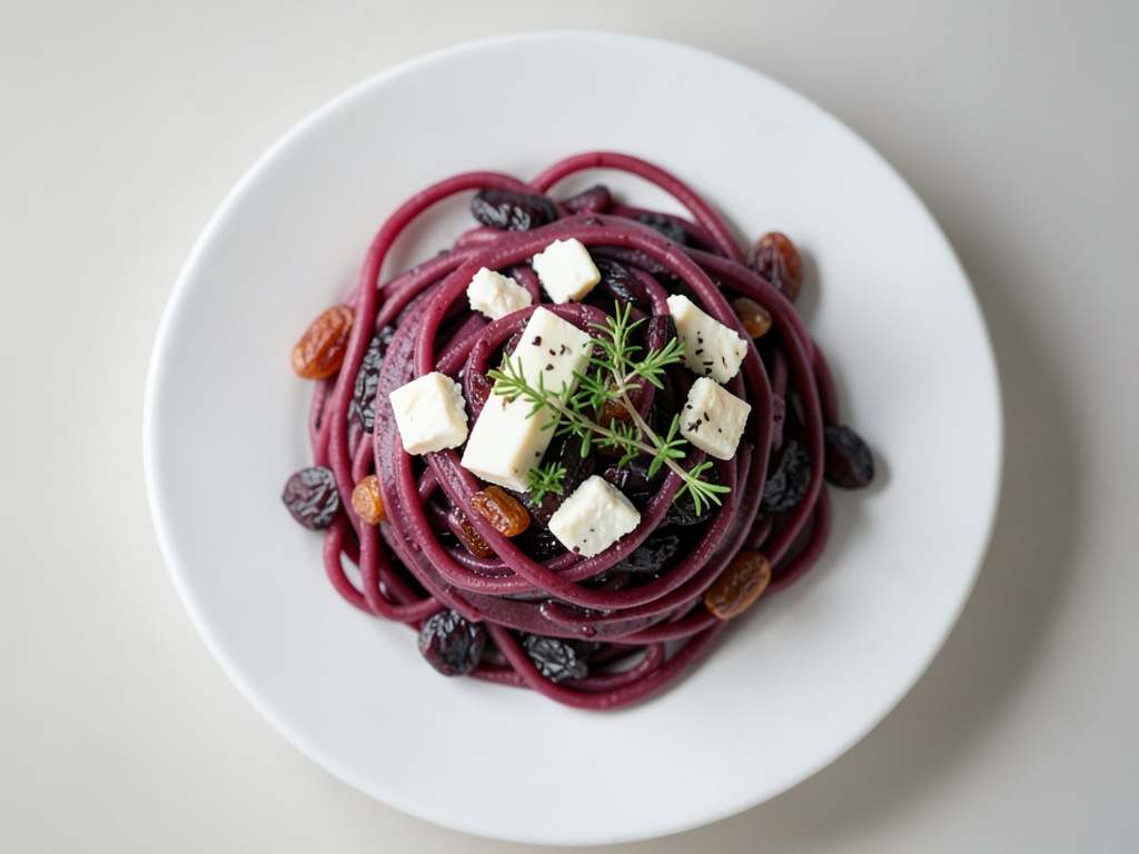Lila Spaghetti mit Roter Bete, Ziegenkäse und Balsamico-Soße