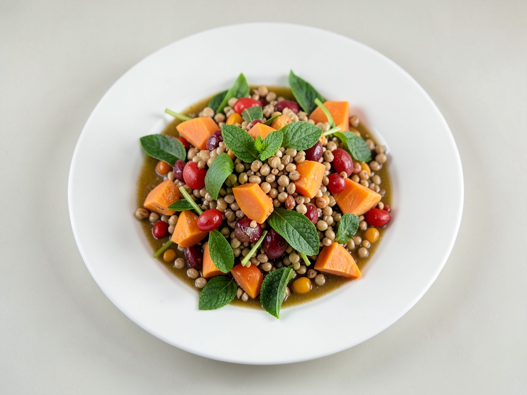 Striscioline di tacchino su insalata di orzo perlato con condimento al menta e zucca al forno