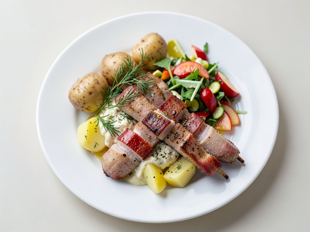 Spiedini di tacchino con bacon, patate all'aneto e insalata di pere e cetrioli