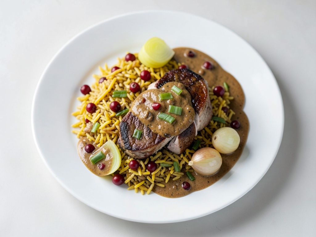 Filets de dinde au riz au curry-fenouil et dip aux raisins secs et amandes