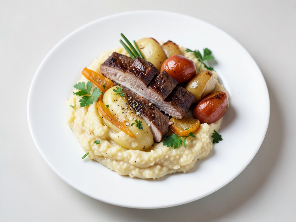 Brochettes de dinde au légumes paprika hongrois sur purée de pommes de terre aux oignons frits