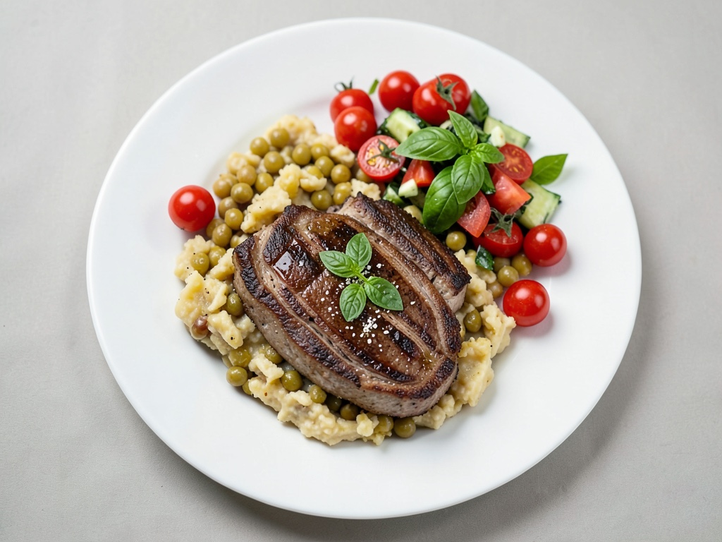 Filetto di tacchino con purè di patate, insalata di pomodori e fagioli e basilico